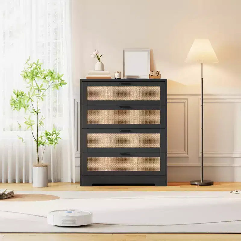 COZONY Cassettiera a 4 cassetti per camera da letto, Comò alto in rattan con prese di corrente, Organizzatore per cassetti moderno in legno con maniglie in metallo per soggiorno, armadio