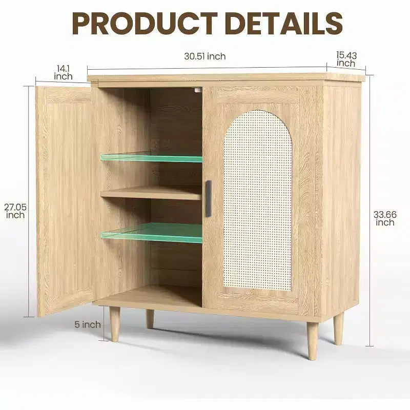 Set di 2 Madie Credenze in Rattan con Ripiani, Mobile Contenitore da Cucina, Credenza in Legno per Sala da Pranzo, Soggiorno