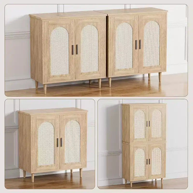 Set di 2 Madie Credenze in Rattan con Ripiani, Mobile Contenitore da Cucina, Credenza in Legno per Sala da Pranzo, Soggiorno