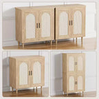 Set di 2 Madie Credenze in Rattan con Ripiani, Mobile Contenitore da Cucina, Credenza in Legno per Sala da Pranzo, Soggiorno