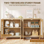 Set di 2 Madie Credenze in Rattan con Ripiani, Mobile Contenitore da Cucina, Credenza in Legno per Sala da Pranzo, Soggiorno