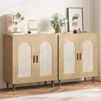 Set di 2 Madie Credenze in Rattan con Ripiani, Mobile Contenitore da Cucina, Credenza in Legno per Sala da Pranzo, Soggiorno