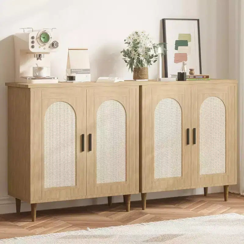 Set di 2 Madie Credenze in Rattan con Ripiani, Mobile Contenitore da Cucina, Credenza in Legno per Sala da Pranzo, Soggiorno