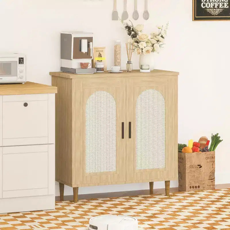 Set di 2 Madie Credenze in Rattan con Ripiani, Mobile Contenitore da Cucina, Credenza in Legno per Sala da Pranzo, Soggiorno