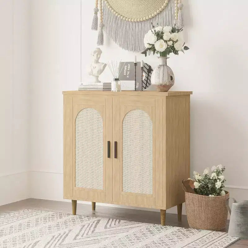 Set di 2 Madie Credenze in Rattan con Ripiani, Mobile Contenitore da Cucina, Credenza in Legno per Sala da Pranzo, Soggiorno
