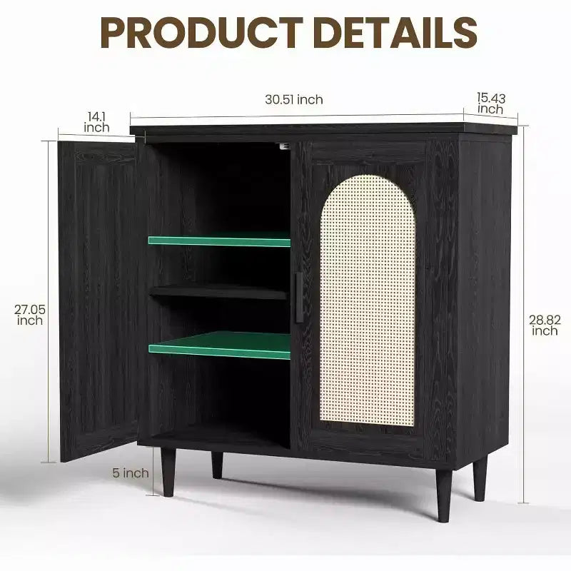 Set di 2 Madie Credenze in Rattan con Ripiani, Mobile Contenitore da Cucina, Credenza in Legno per Sala da Pranzo, Soggiorno