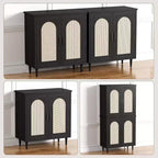 Set di 2 Madie Credenze in Rattan con Ripiani, Mobile Contenitore da Cucina, Credenza in Legno per Sala da Pranzo, Soggiorno