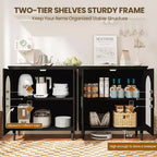 Set di 2 Madie Credenze in Rattan con Ripiani, Mobile Contenitore da Cucina, Credenza in Legno per Sala da Pranzo, Soggiorno