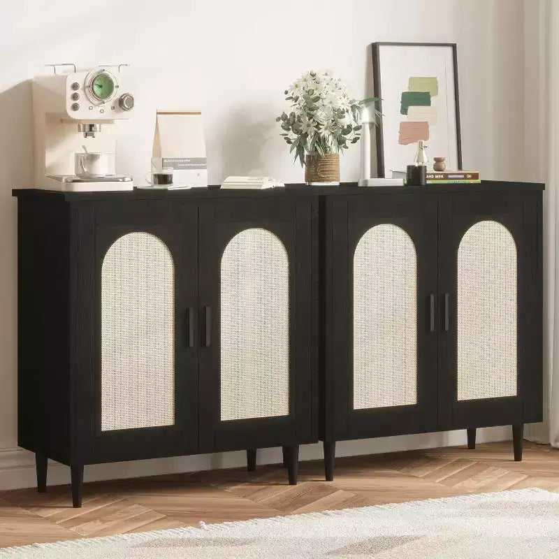 Set di 2 Madie Credenze in Rattan con Ripiani, Mobile Contenitore da Cucina, Credenza in Legno per Sala da Pranzo, Soggiorno