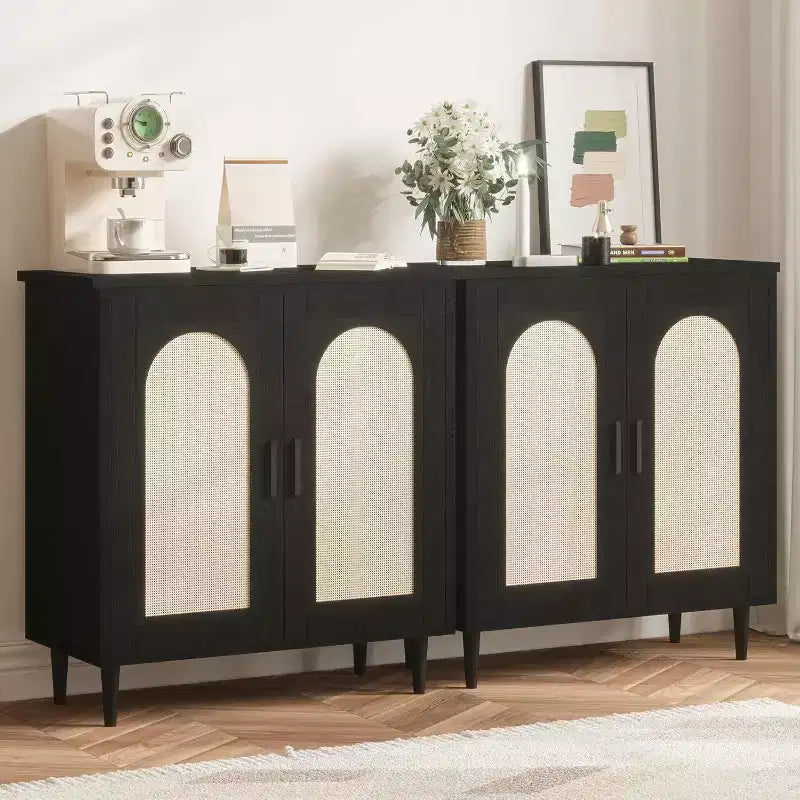 Set di 2 Madie Credenze in Rattan con Ripiani, Mobile Contenitore da Cucina, Credenza in Legno per Sala da Pranzo, Soggiorno