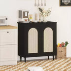 Set di 2 Madie Credenze in Rattan con Ripiani, Mobile Contenitore da Cucina, Credenza in Legno per Sala da Pranzo, Soggiorno