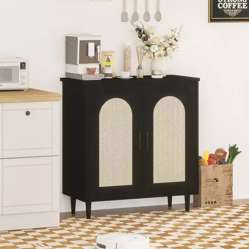 Set di 2 Madie Credenze in Rattan con Ripiani, Mobile Contenitore da Cucina, Credenza in Legno per Sala da Pranzo, Soggiorno