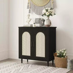 Set di 2 Madie Credenze in Rattan con Ripiani, Mobile Contenitore da Cucina, Credenza in Legno per Sala da Pranzo, Soggiorno