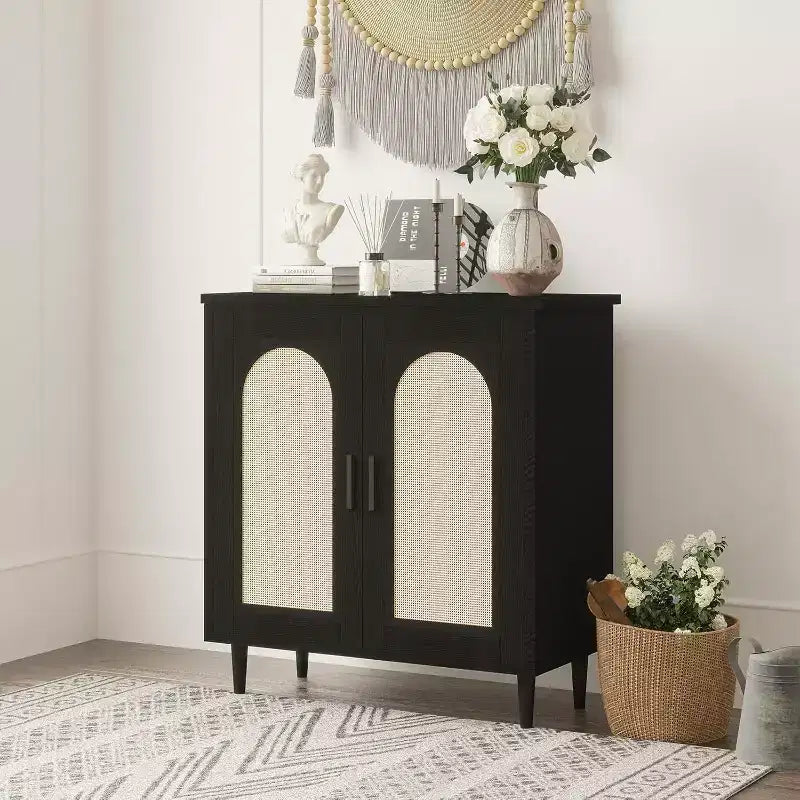 Set di 2 Madie Credenze in Rattan con Ripiani, Mobile Contenitore da Cucina, Credenza in Legno per Sala da Pranzo, Soggiorno