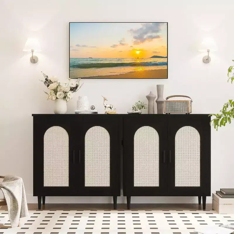 Set of 2 Rattan Sideboard Buffet Cabinet with Storage, Kitchen Storage Cabinet, Wood Cupboard Accent Buffet Table for Dining Room, Living Room