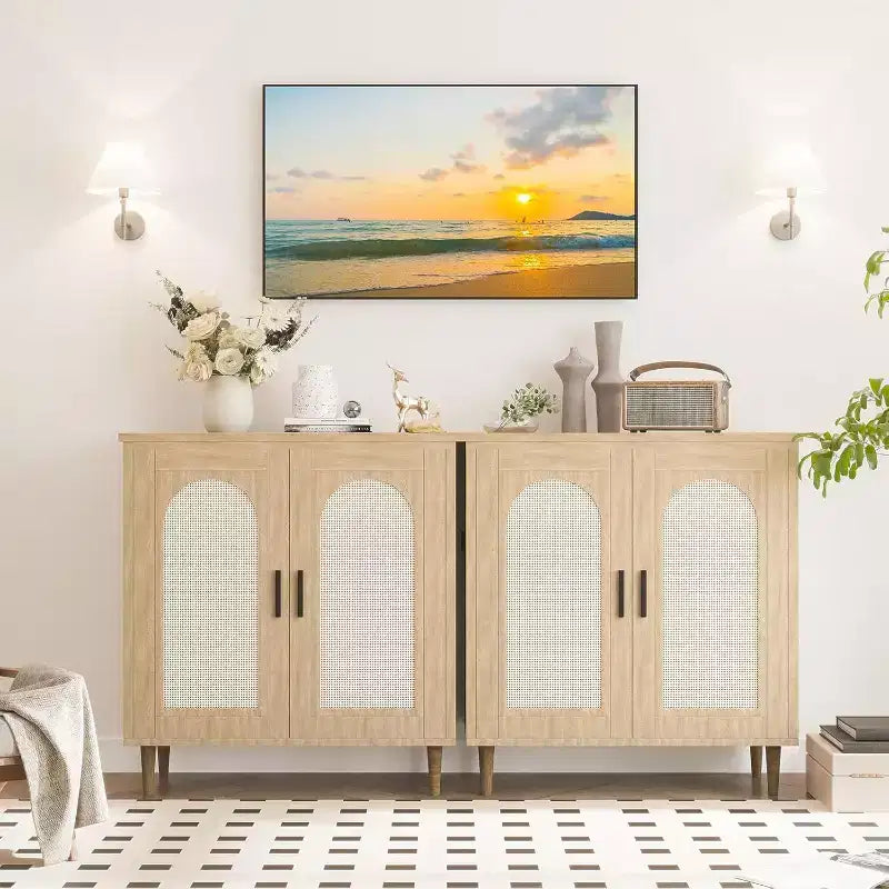 Set di 2 Madie Credenze in Rattan con Ripiani, Mobile Contenitore da Cucina, Credenza in Legno per Sala da Pranzo, Soggiorno