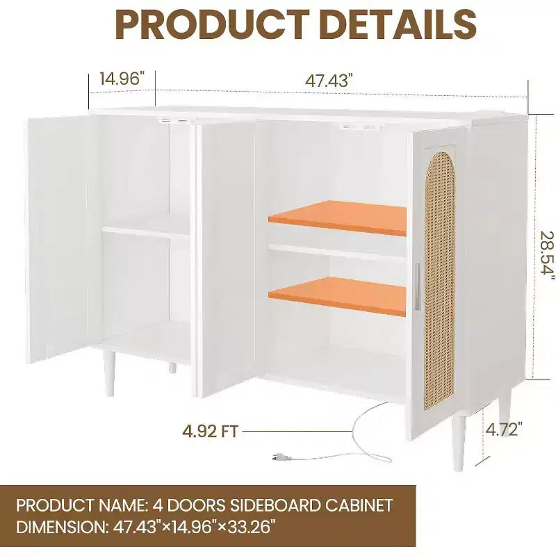 Credenza moderna con vani contenitore, madia da cucina con 4 ante, mobiletto bar con ripiano regolabile per sala da pranzo, soggiorno