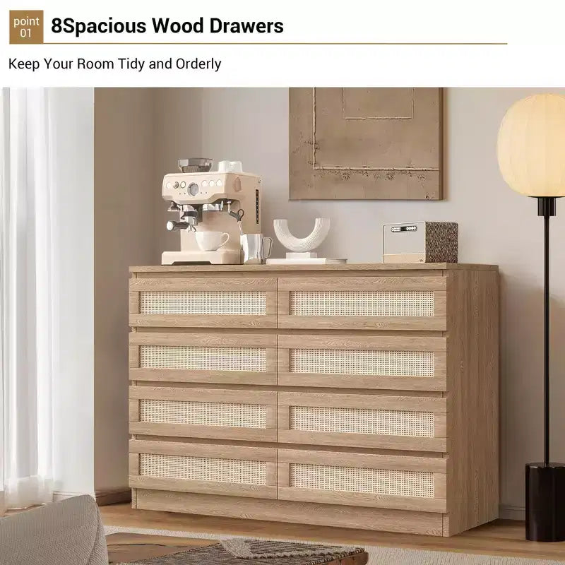 COZONY Comodino in Rattan per Camera da Letto, Cassettiera Doppia a 8 Cassetti con Guide in Metallo Liscio, Comò Moderno in Legno per Armadio Soggiorno Corridoio