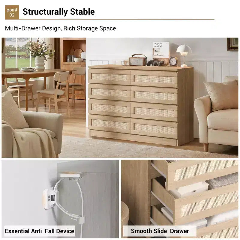 COZONY Comodino in Rattan per Camera da Letto, Cassettiera Doppia a 8 Cassetti con Guide in Metallo Liscio, Comò Moderno in Legno per Armadio Soggiorno Corridoio