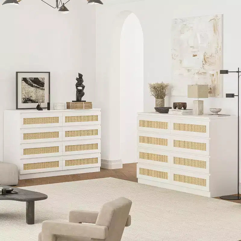COZONY Comodino in Rattan per Camera da Letto, Cassettiera Doppia a 8 Cassetti con Guide in Metallo Liscio, Comò Moderno in Legno per Armadio Soggiorno Corridoio