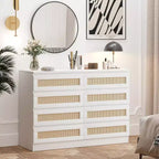 COZONY Comodino in Rattan per Camera da Letto, Cassettiera Doppia a 8 Cassetti con Guide in Metallo Liscio, Comò Moderno in Legno per Armadio Soggiorno Corridoio