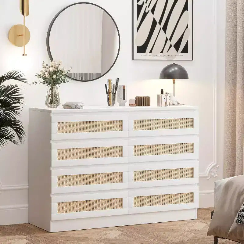 COZONY Comodino in Rattan per Camera da Letto, Cassettiera Doppia a 8 Cassetti con Guide in Metallo Liscio, Comò Moderno in Legno per Armadio Soggiorno Corridoio