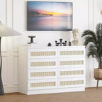 COZONY Comodino in Rattan per Camera da Letto, Cassettiera Doppia a 8 Cassetti con Guide in Metallo Liscio, Comò Moderno in Legno per Armadio Soggiorno Corridoio