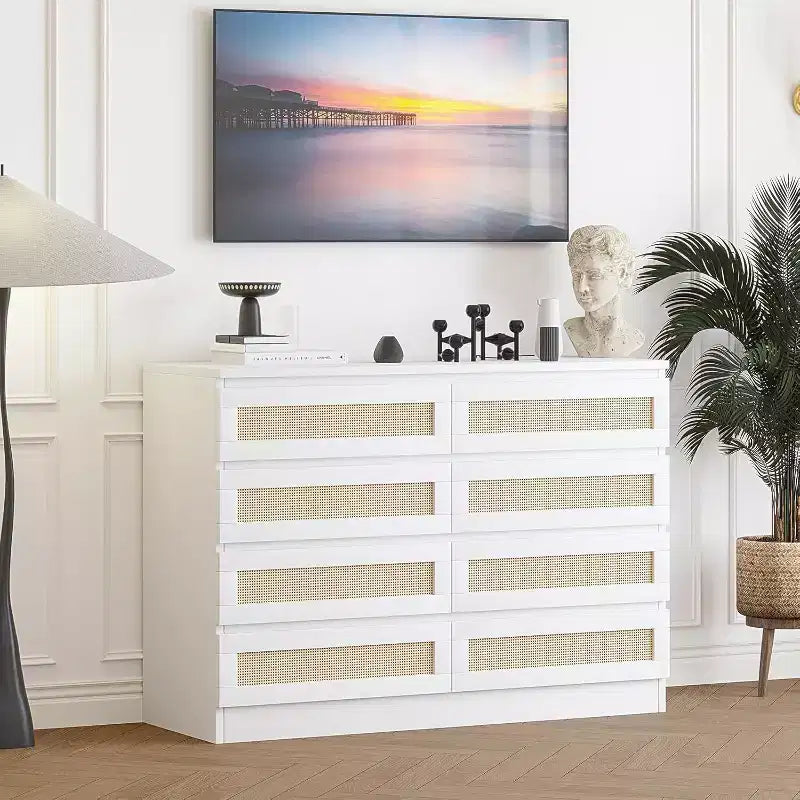 COZONY Comodino in Rattan per Camera da Letto, Cassettiera Doppia a 8 Cassetti con Guide in Metallo Liscio, Comò Moderno in Legno per Armadio Soggiorno Corridoio