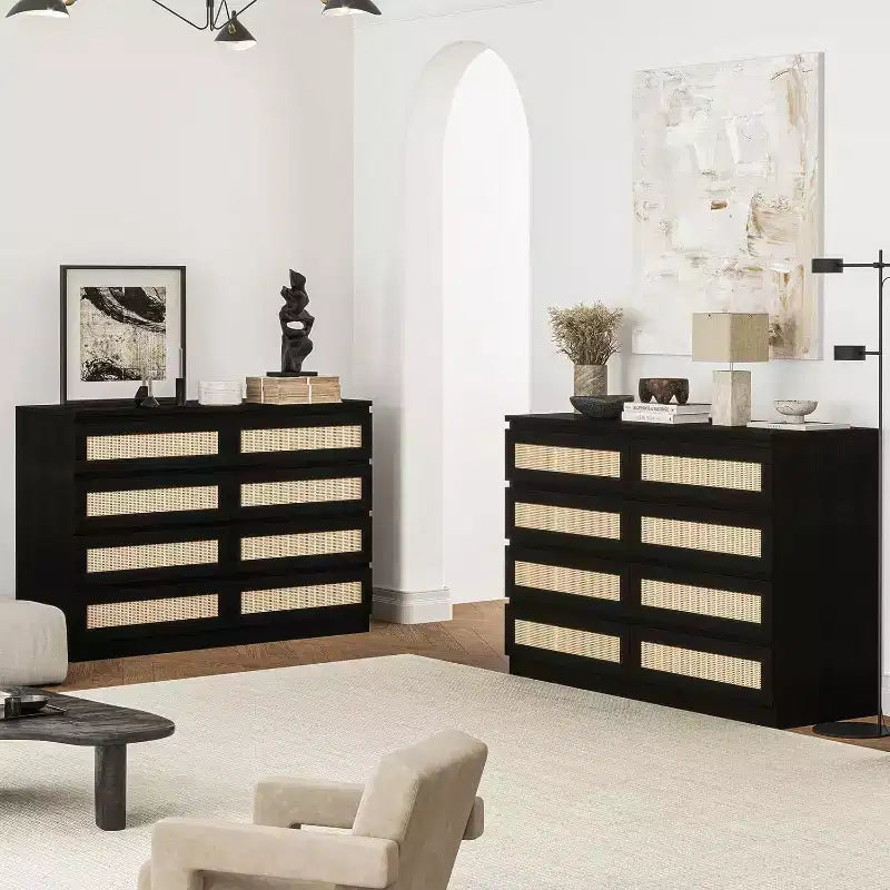 COZONY Comodino in Rattan per Camera da Letto, Cassettiera Doppia a 8 Cassetti con Guide in Metallo Liscio, Comò Moderno in Legno per Armadio Soggiorno Corridoio
