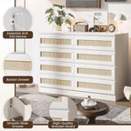 COZONY Comodino in Rattan per Camera da Letto, Cassettiera Doppia a 8 Cassetti con Guide in Metallo Liscio, Comò Moderno in Legno per Armadio Soggiorno Corridoio