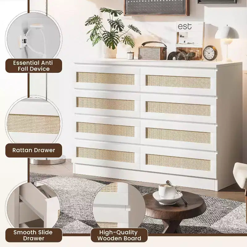 COZONY Comodino in Rattan per Camera da Letto, Cassettiera Doppia a 8 Cassetti con Guide in Metallo Liscio, Comò Moderno in Legno per Armadio Soggiorno Corridoio