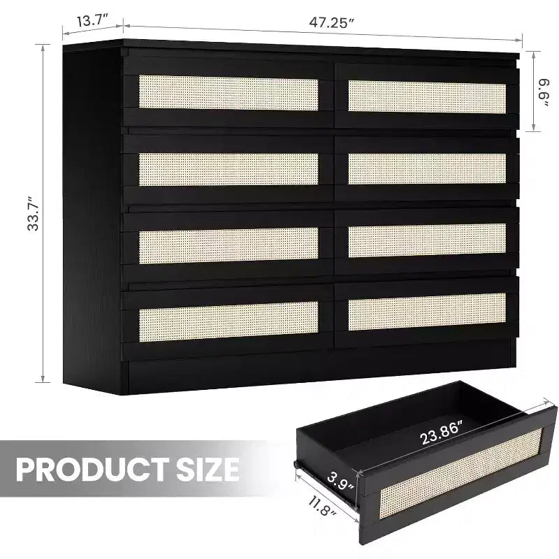 COZONY Comodino in Rattan per Camera da Letto, Cassettiera Doppia a 8 Cassetti con Guide in Metallo Liscio, Comò Moderno in Legno per Armadio Soggiorno Corridoio