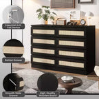 COZONY Comodino in Rattan per Camera da Letto, Cassettiera Doppia a 8 Cassetti con Guide in Metallo Liscio, Comò Moderno in Legno per Armadio Soggiorno Corridoio