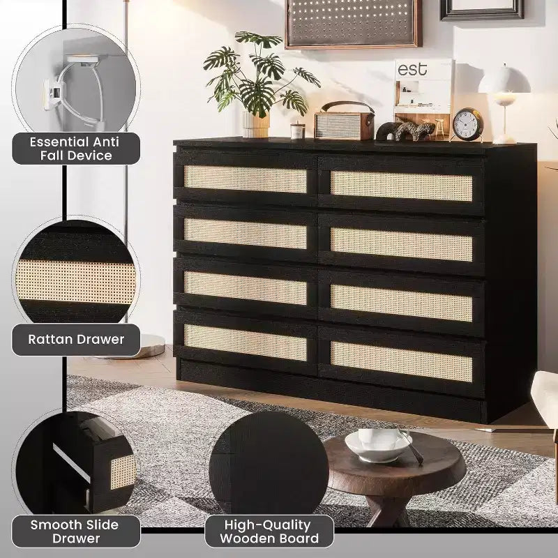 COZONY Comodino in Rattan per Camera da Letto, Cassettiera Doppia a 8 Cassetti con Guide in Metallo Liscio, Comò Moderno in Legno per Armadio Soggiorno Corridoio