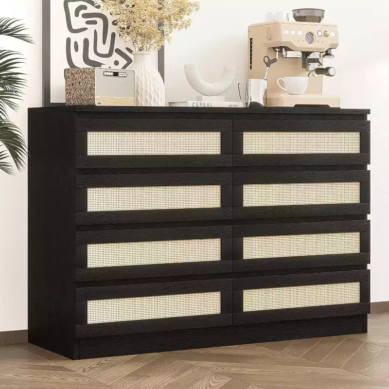 COZONY Comodino in Rattan per Camera da Letto, Cassettiera Doppia a 8 Cassetti con Guide in Metallo Liscio, Comò Moderno in Legno per Armadio Soggiorno Corridoio