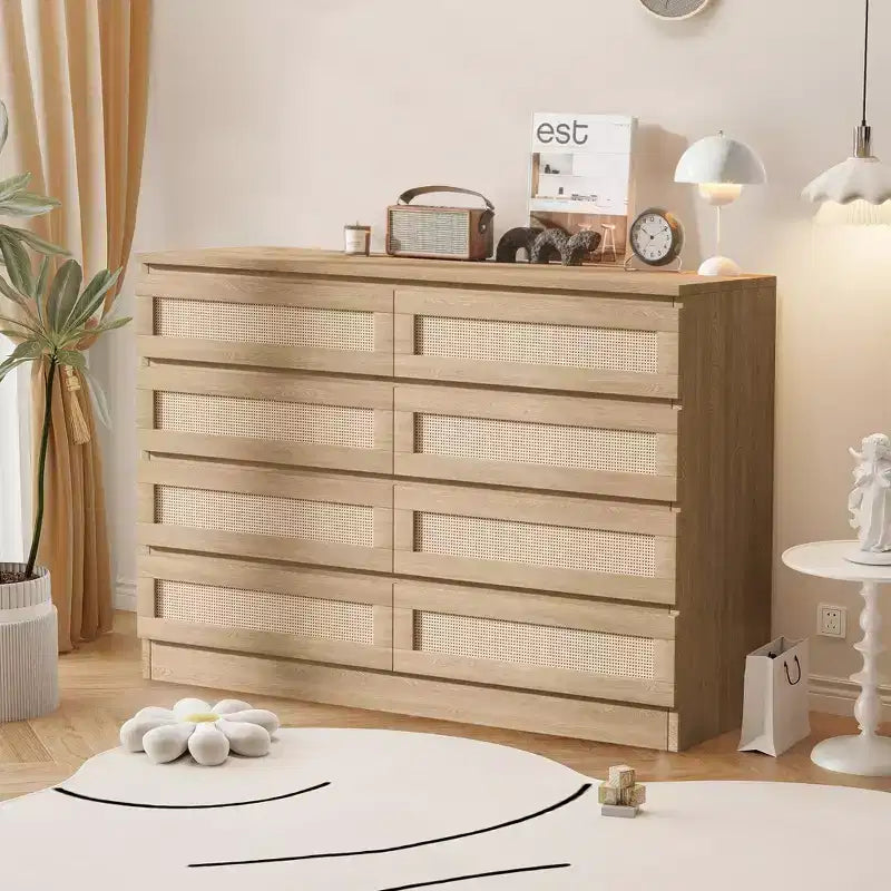 COZONY Comodino in Rattan per Camera da Letto, Cassettiera Doppia a 8 Cassetti con Guide in Metallo Liscio, Comò Moderno in Legno per Armadio Soggiorno Corridoio