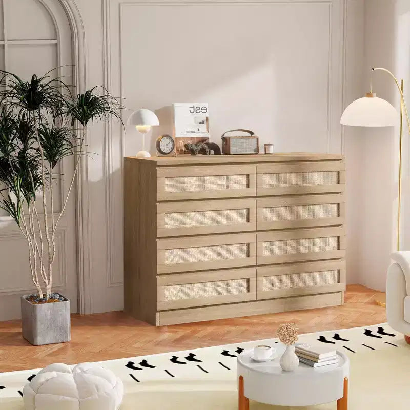 COZONY Comodino in Rattan per Camera da Letto, Cassettiera Doppia a 8 Cassetti con Guide in Metallo Liscio, Comò Moderno in Legno per Armadio Soggiorno Corridoio