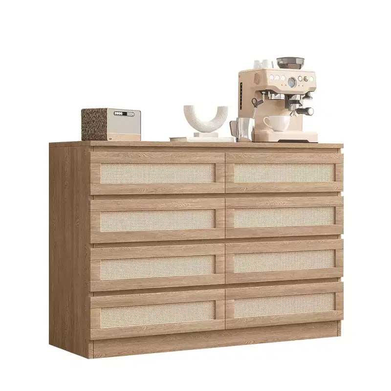 COZONY Comodino in Rattan per Camera da Letto, Cassettiera Doppia a 8 Cassetti con Guide in Metallo Liscio, Comò Moderno in Legno per Armadio Soggiorno Corridoio