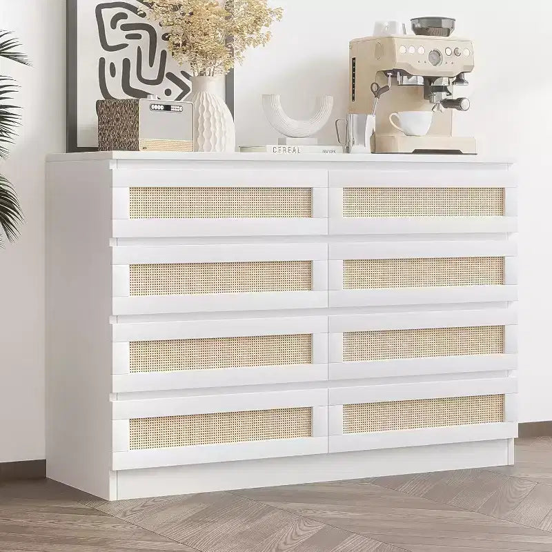 COZONY Comodino in Rattan per Camera da Letto, Cassettiera Doppia a 8 Cassetti con Guide in Metallo Liscio, Comò Moderno in Legno per Armadio Soggiorno Corridoio