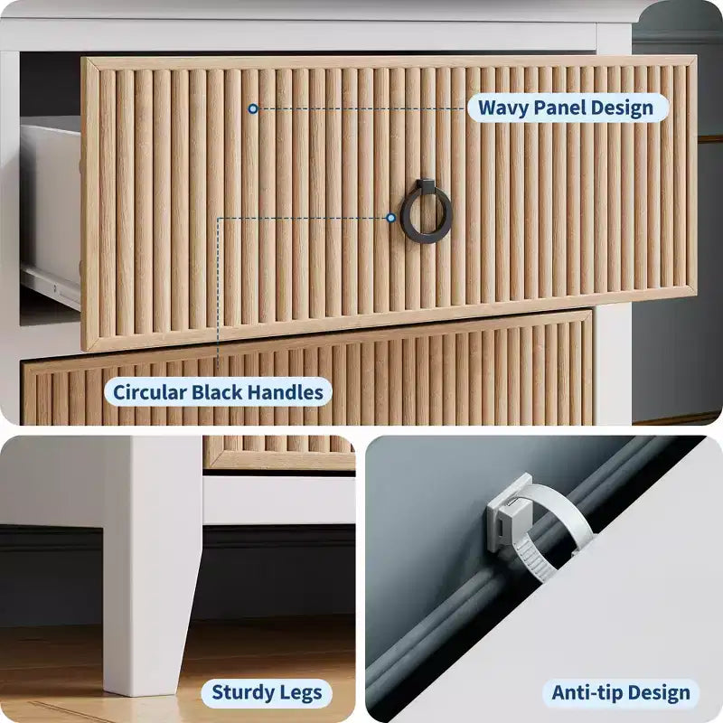 Cassettiera a 6 cassetti per camera da letto, cassettiera moderna scanalata con gambe in legno massello, cassettiera doppia lunga in legno, grande cassettiera