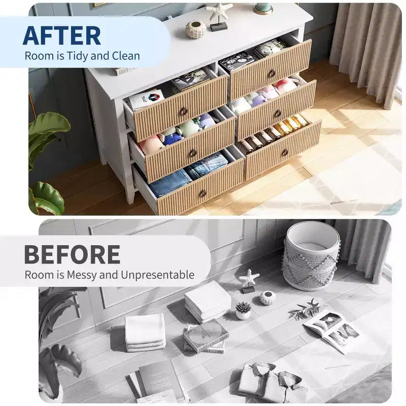 Cassettiera a 6 cassetti per camera da letto, cassettiera moderna scanalata con gambe in legno massello, cassettiera doppia lunga in legno, grande cassettiera