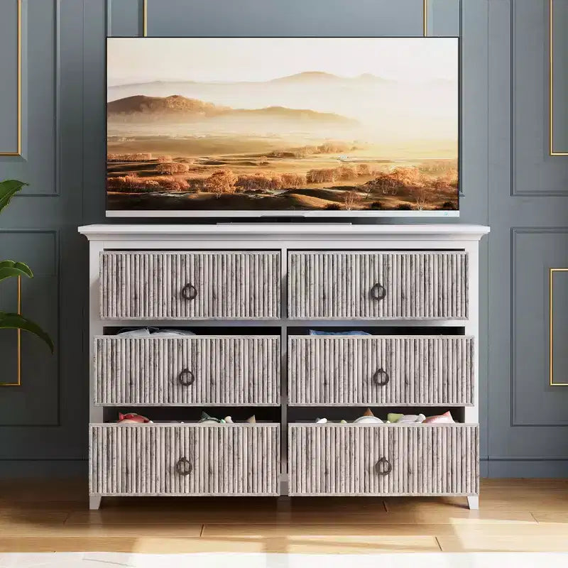 Cassettiera a 6 cassetti per camera da letto, cassettiera moderna scanalata con gambe in legno massello, cassettiera doppia lunga in legno, grande cassettiera