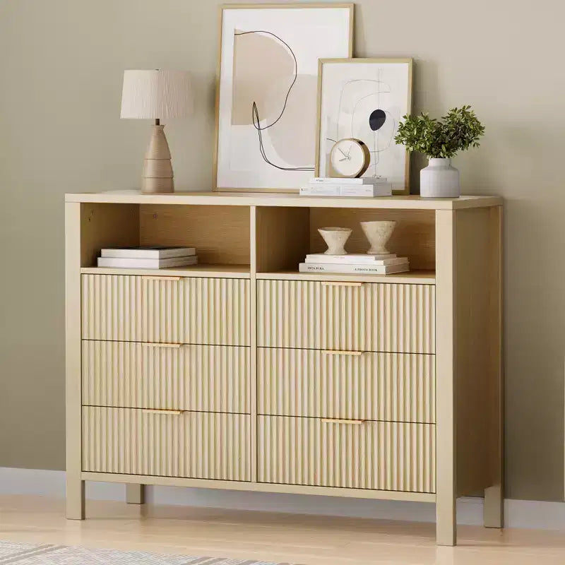 Cassettiera scanalata a 6 cassetti, comò con maniglia in metallo, porta TV, armadio organizer in legno per vestiti per soggiorno, corridoio