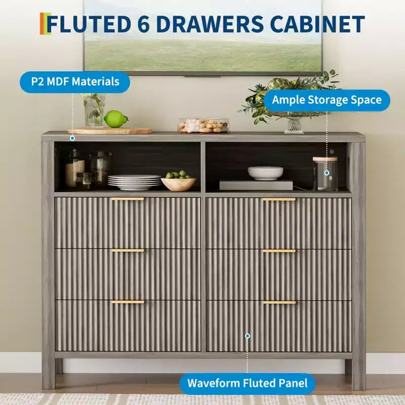 Cassettiera scanalata a 6 cassetti, comò con maniglia in metallo, porta TV, armadio organizer in legno per vestiti per soggiorno, corridoio