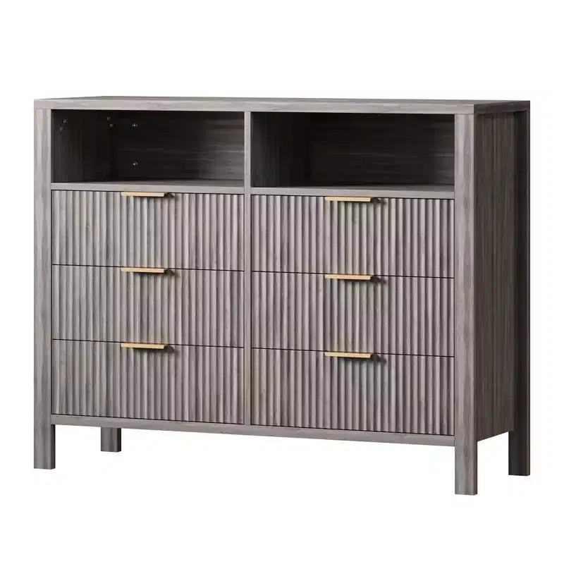 Cassettiera scanalata a 6 cassetti, comò con maniglia in metallo, porta TV, armadio organizer in legno per vestiti per soggiorno, corridoio