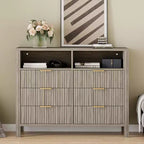 Fluted Dresser with 6 Drawers, Chest of Drawers with Metal Handle, TV Stand, Wood Closet Clothes Storage Organizer for Living Room Hallway