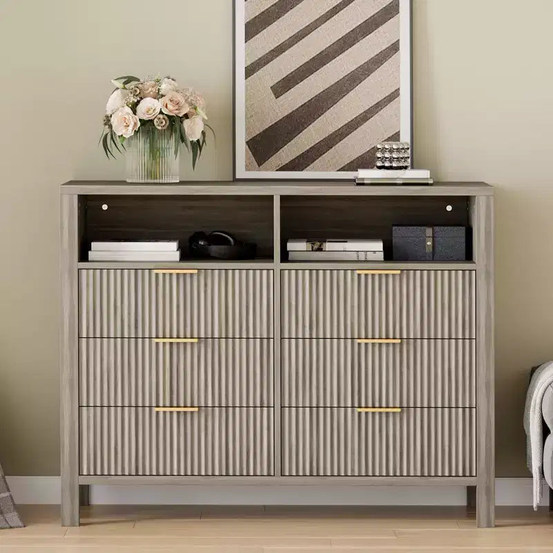 Fluted Dresser with 6 Drawers, Chest of Drawers with Metal Handle, TV Stand, Wood Closet Clothes Storage Organizer for Living Room Hallway