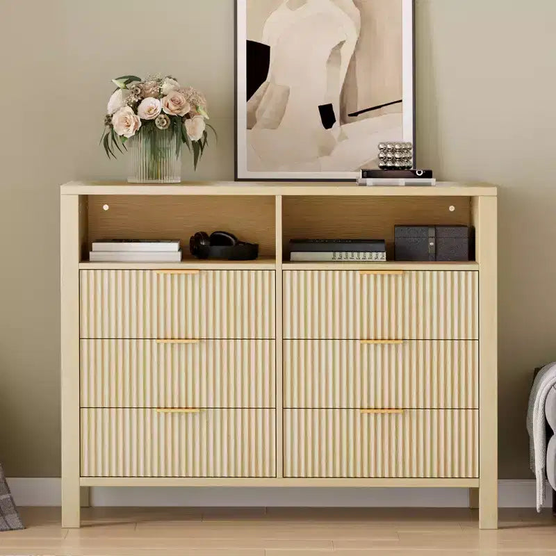 Cassettiera scanalata a 6 cassetti, comò con maniglia in metallo, porta TV, armadio organizer in legno per vestiti per soggiorno, corridoio