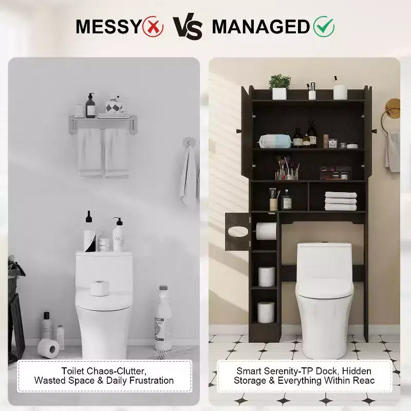 Mobiletto contenitore sopra il WC Dyonery, organizer salvaspazio da bagno in stile rustico con porta carta igienica e ripiano regolabile