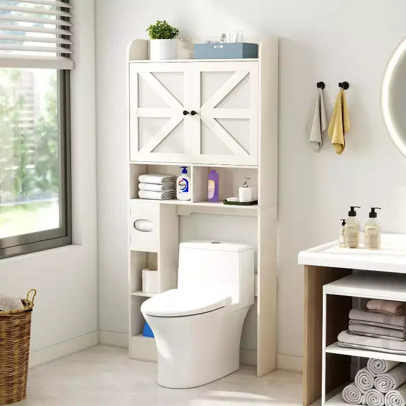 Mobiletto contenitore sopra il WC Dyonery, organizer salvaspazio da bagno in stile rustico con porta carta igienica e ripiano regolabile
